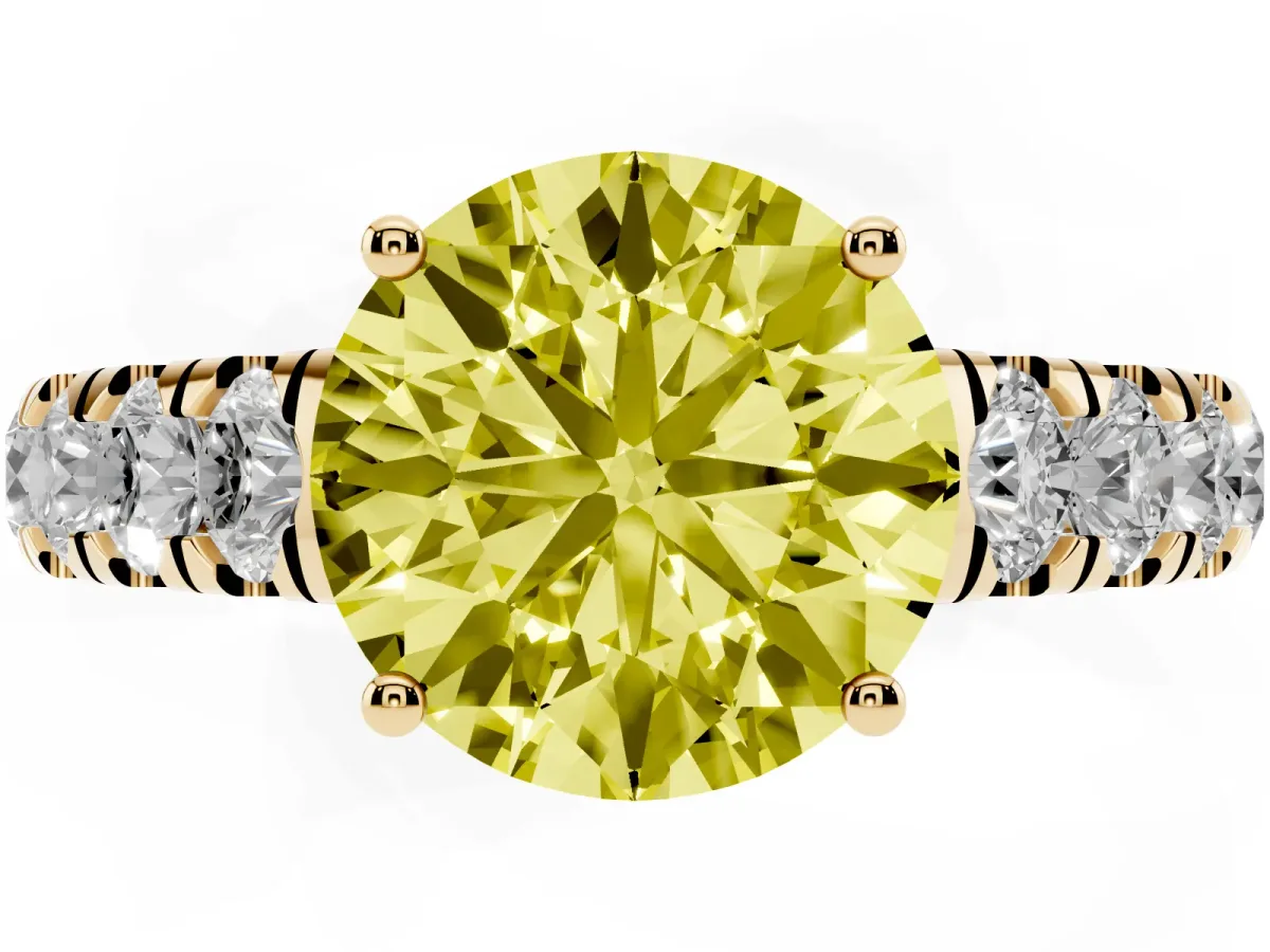 Fancy Yellow Round Cut Cut Diamond Solitaire Ring with Micro Pave Band and Prong Setting Yellow gold