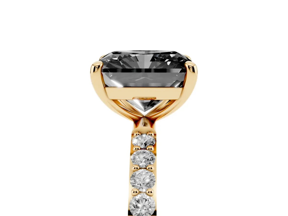 Fancy Black Radiant Cut Diamond Solitaire Ring with Round Pavé Band and Prong Setting Yellow gold