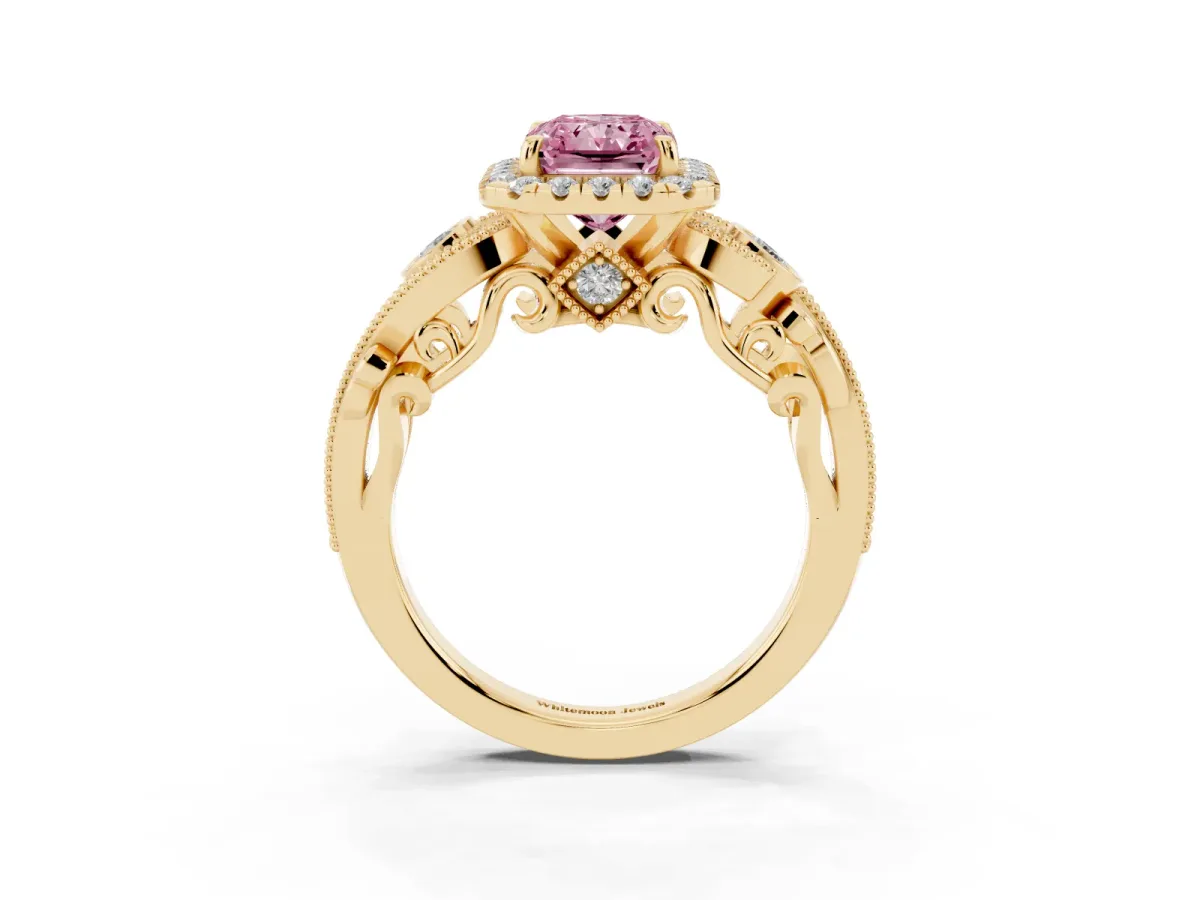 Fancy Pink Radiant Cut Diamond Halo Ring with Milgrain Pavé Band and Four-Prong Setting Yellow gold