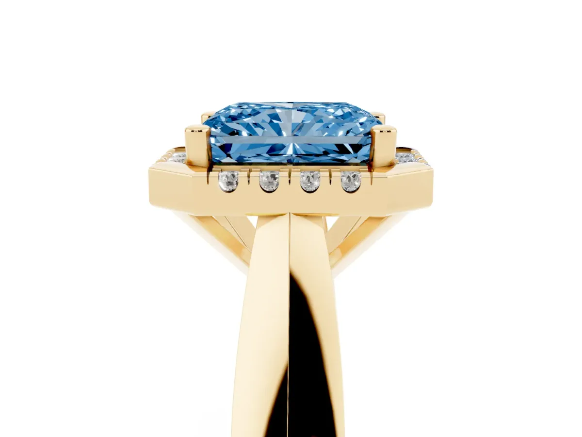 Fancy Blue Radiant Cut Cut Halo Solitaire Engagement Ring with Square Band and Four-Prong Setting Yellow gold