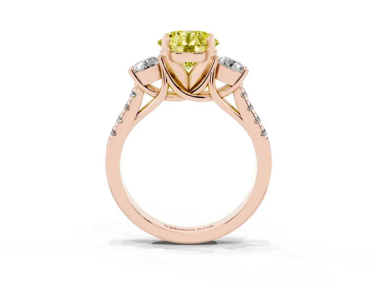 Fancy Yellow Three-Stone Round Cut Diamond Pavé Band with Four-Prong Setting Rose gold