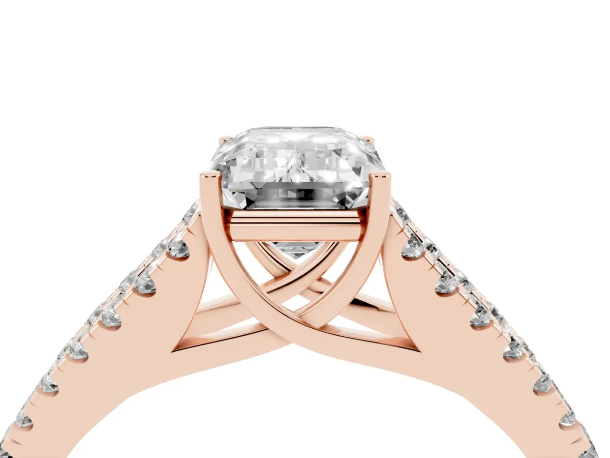 Emerald Cut Diamond Split Shank Pavé Engagement Ring with Four-Prong Setting Rose gold