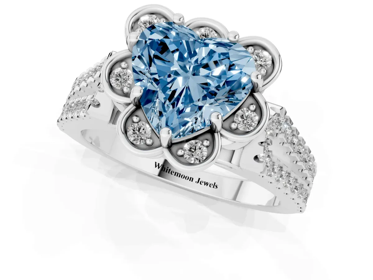 Fancy Blue Heart Cut Halo Diamond Floral Split Shank Engagement Ring Silver