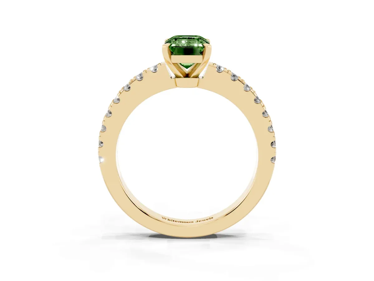 Fancy Green Emerald Cut Solitaire Diamond with Pavé Band and Four-Prong Setting Yellow gold