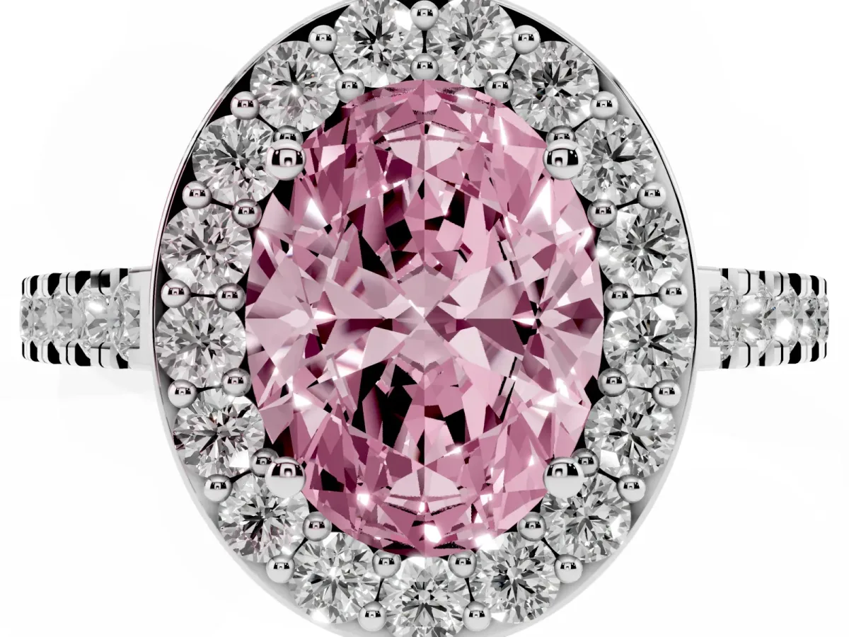 Fancy Pink Oval Cut Diamond Halo Ring with Round Pavé Split Shank and Prong Setting Silver