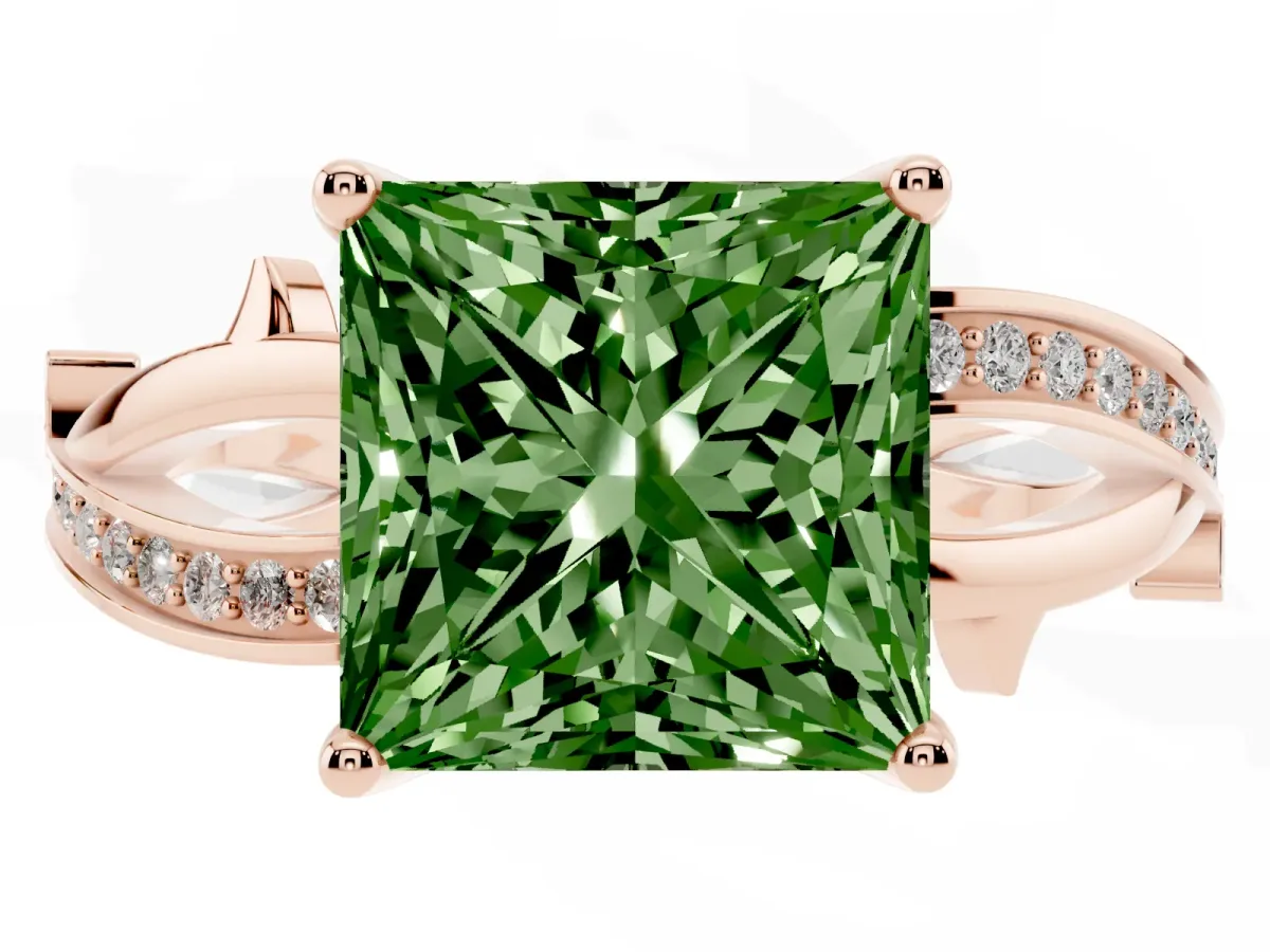 Fancy Green Princess Cut Solitaire Twist Band with Pavé Accents and Four-Prong Setting Rose gold