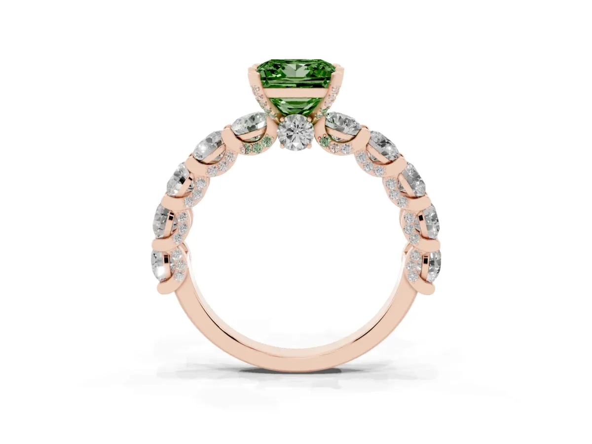 Fancy Green Princess Cut Diamond Side Stone Engagement Ring with Four-Prong Setting Rose gold