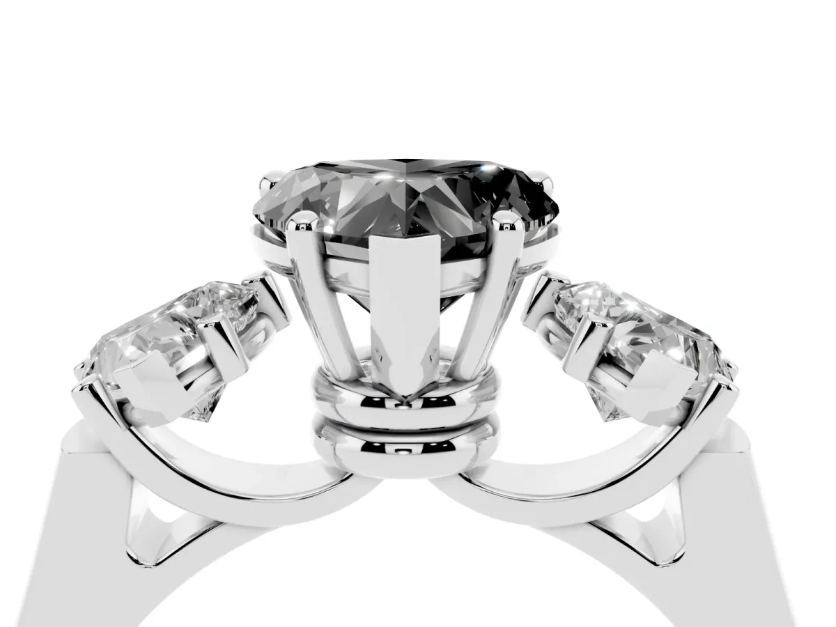 Fancy Black Three-Stone Heart Cut Brilliant Diamond Trellis Ring with Comfort Fit Band Silver