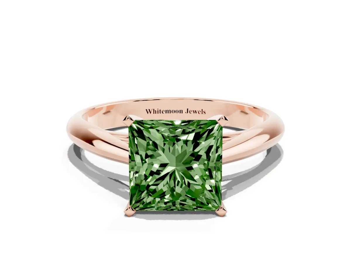 Fancy Green Princess Cut Diamond Solitaire Engagement Ring with Cathedral Setting and Four-Prong Mount Rose gold