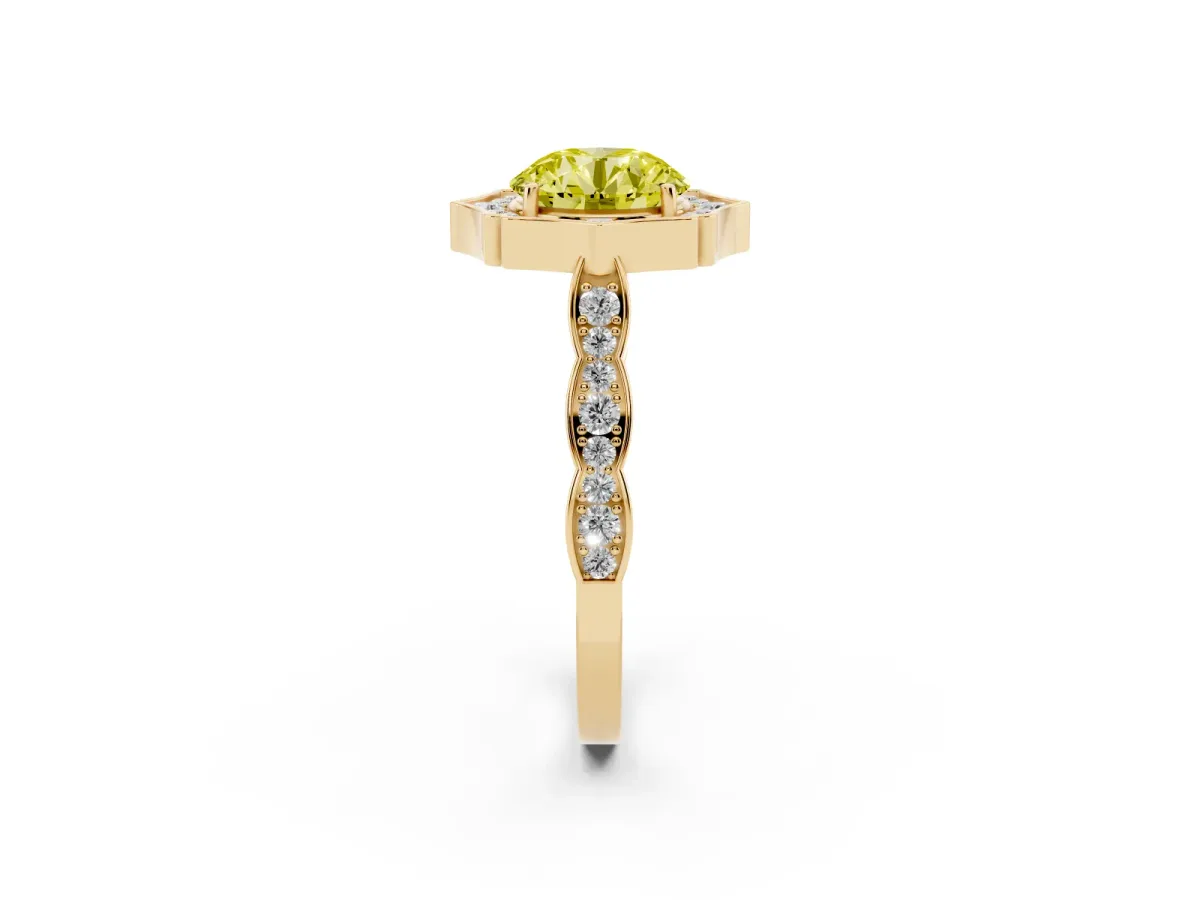 Fancy Yellow Round Cut Halo Diamond Engagement Ring with Milgrain Band and Four-Prong Setting Yellow gold