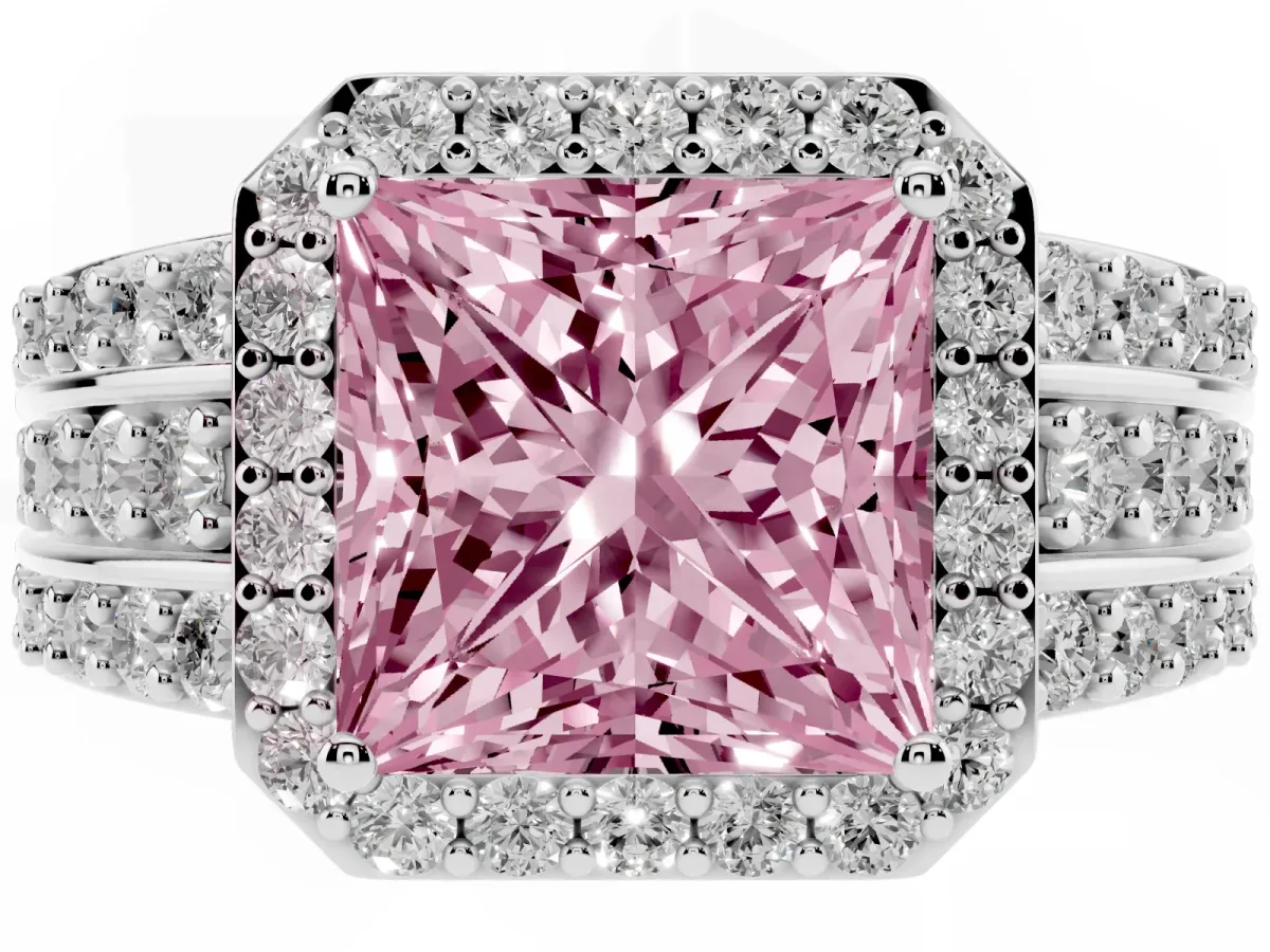 Fancy Pink Princess Cut Halo Diamond Ring with Round Split Shank and Prong Setting Silver