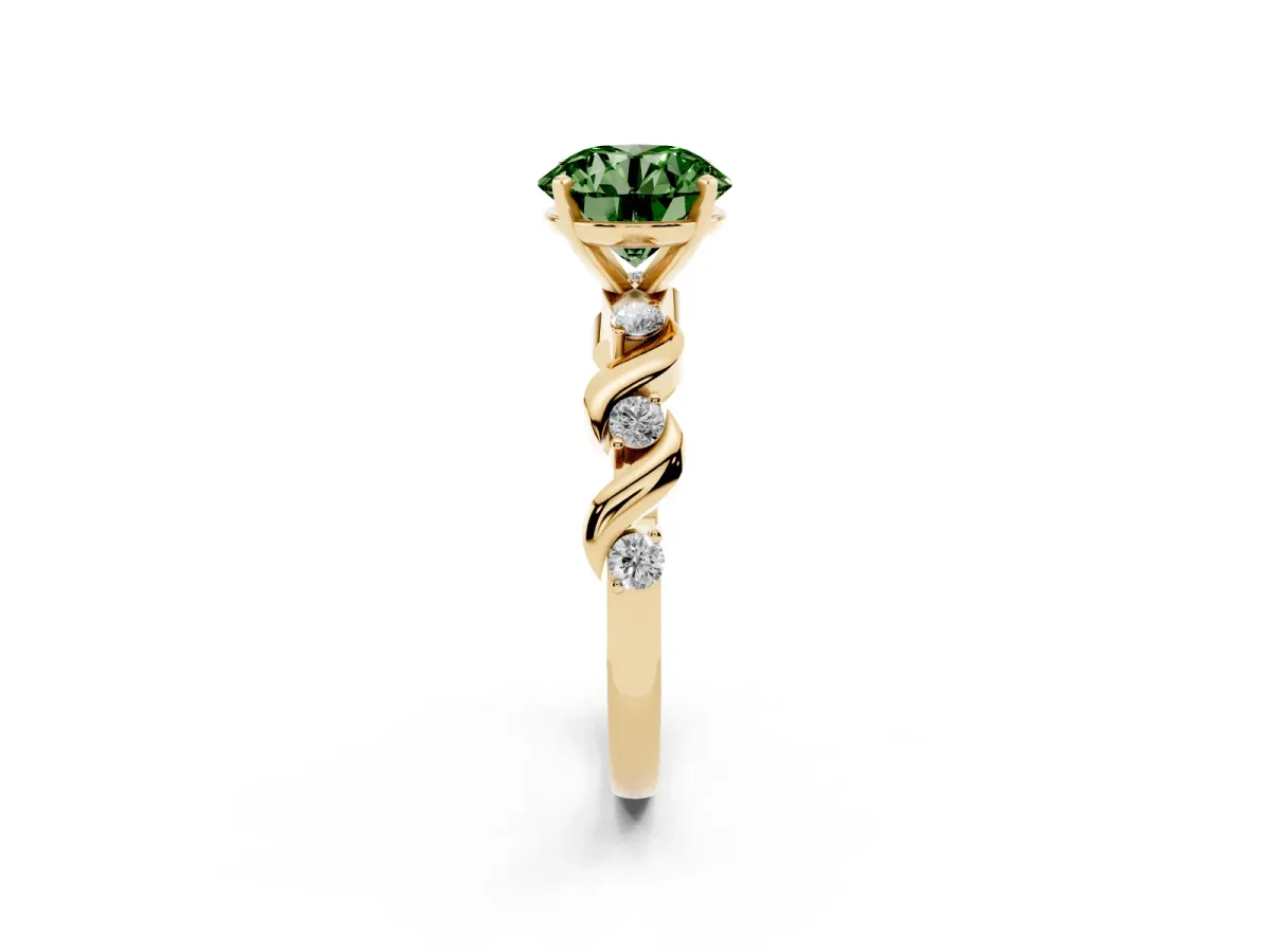 Fancy Green Round Cut Diamond Solitaire Twisted Band with Round Accents and Prong Setting Yellow gold