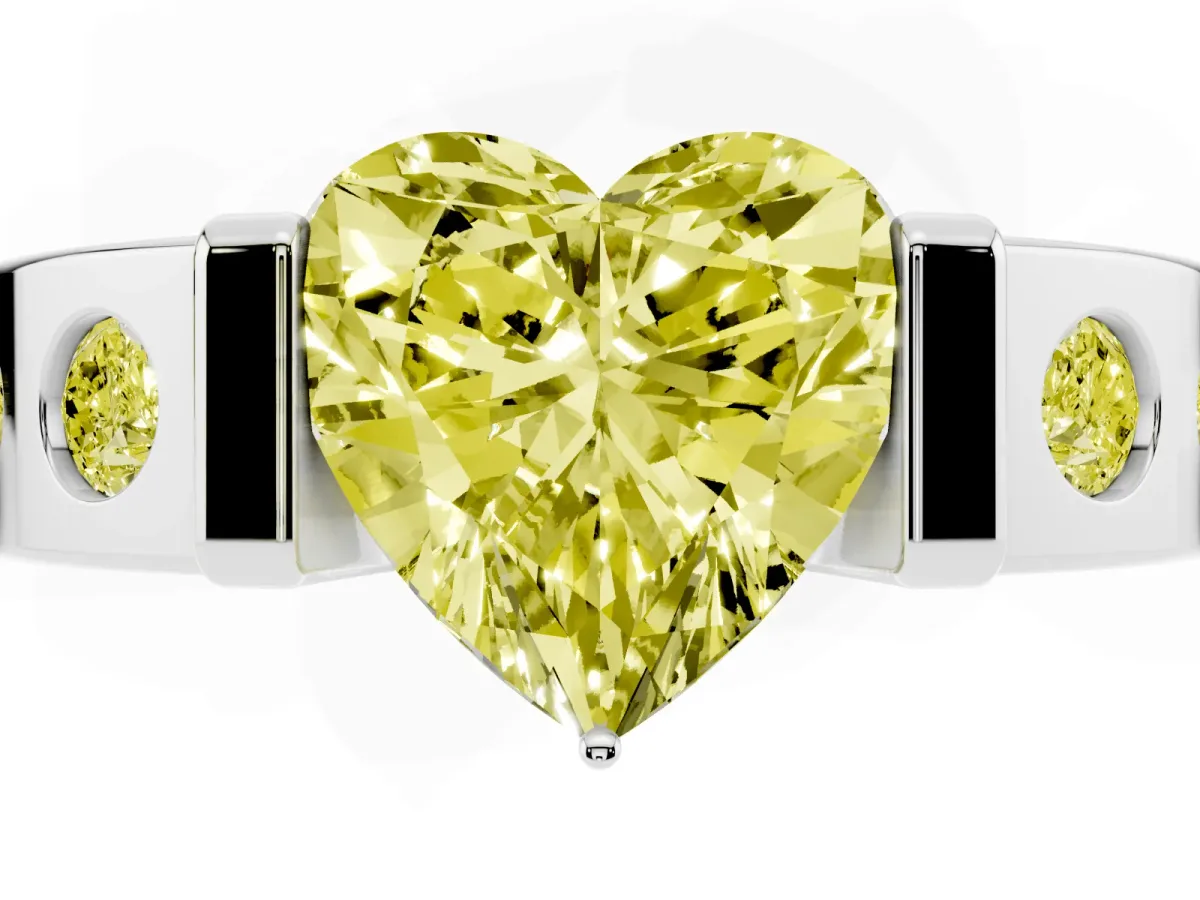 Fancy Yellow Heart Cut Brilliant Channel-Set Diamond Ring with Bezel Prong Setting Platinum