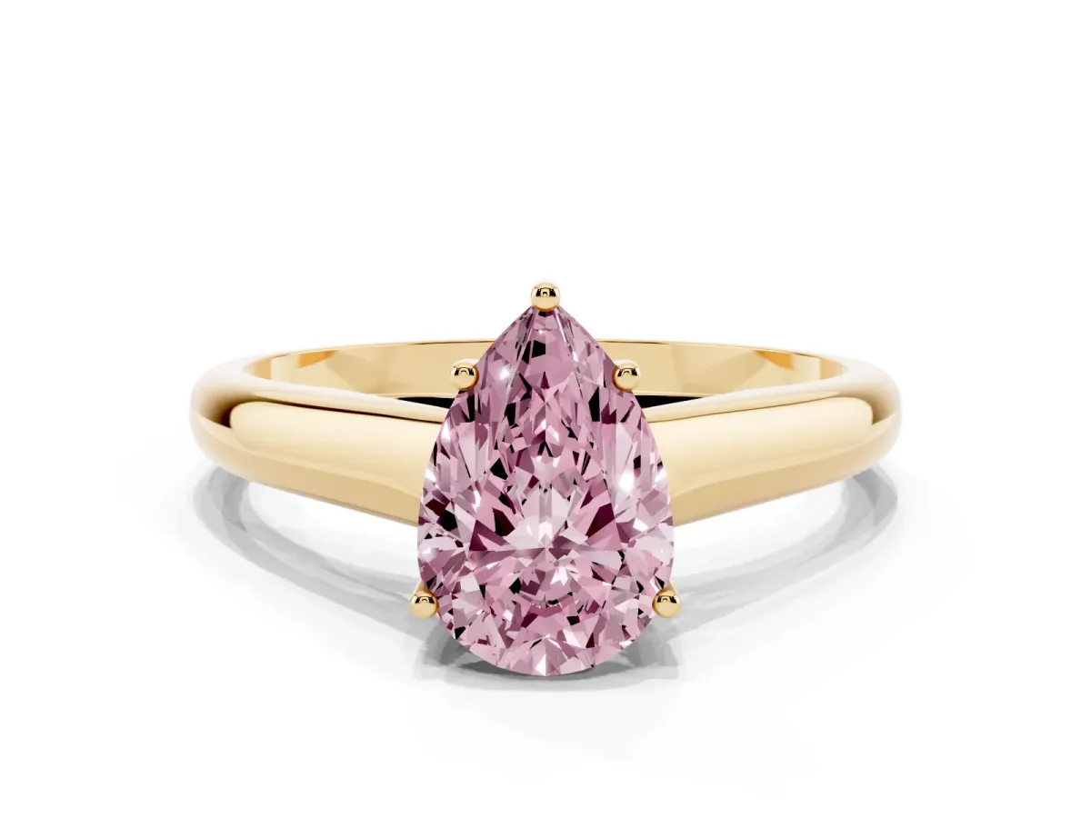 Fancy Pink Pear Cut Solitaire Engagement Ring with Tapered Band and Four-Prong Setting Yellow gold