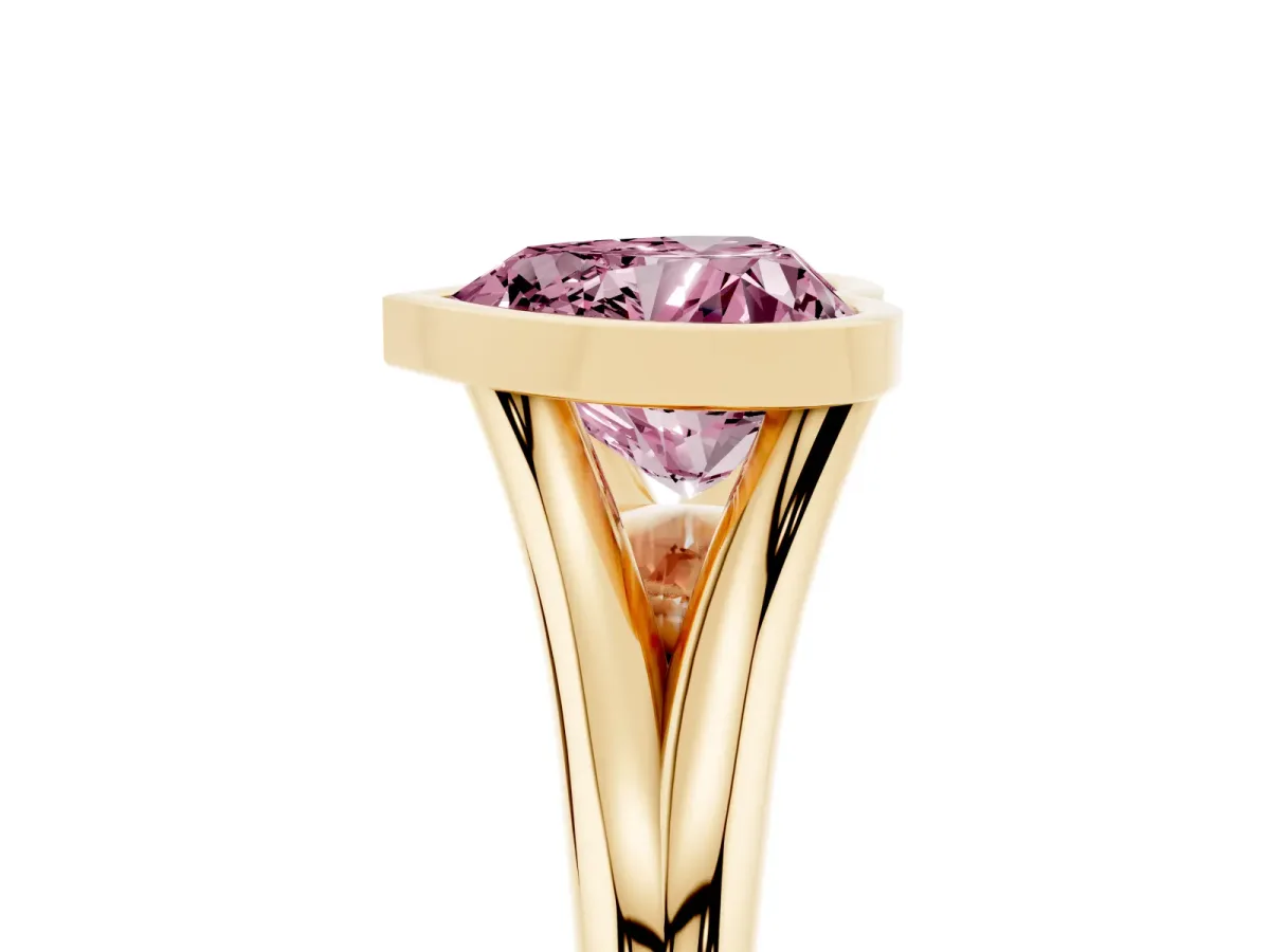 Fancy Pink Bezel Set Heart Cut Cut Solitaire Ring with Tapered Band Yellow gold