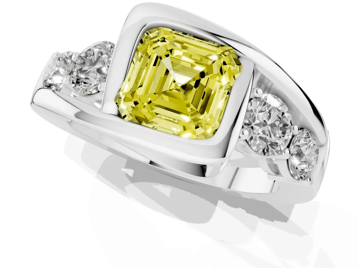 Fancy Yellow Bezel Set Asscher Cut Diamond Bypass Ring with Round Accents Platinum