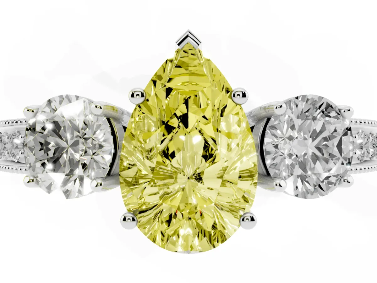 Fancy Yellow Pear Cut Three-Stone Diamond Ring with Pavé Band and Four-Prong Setting Silver