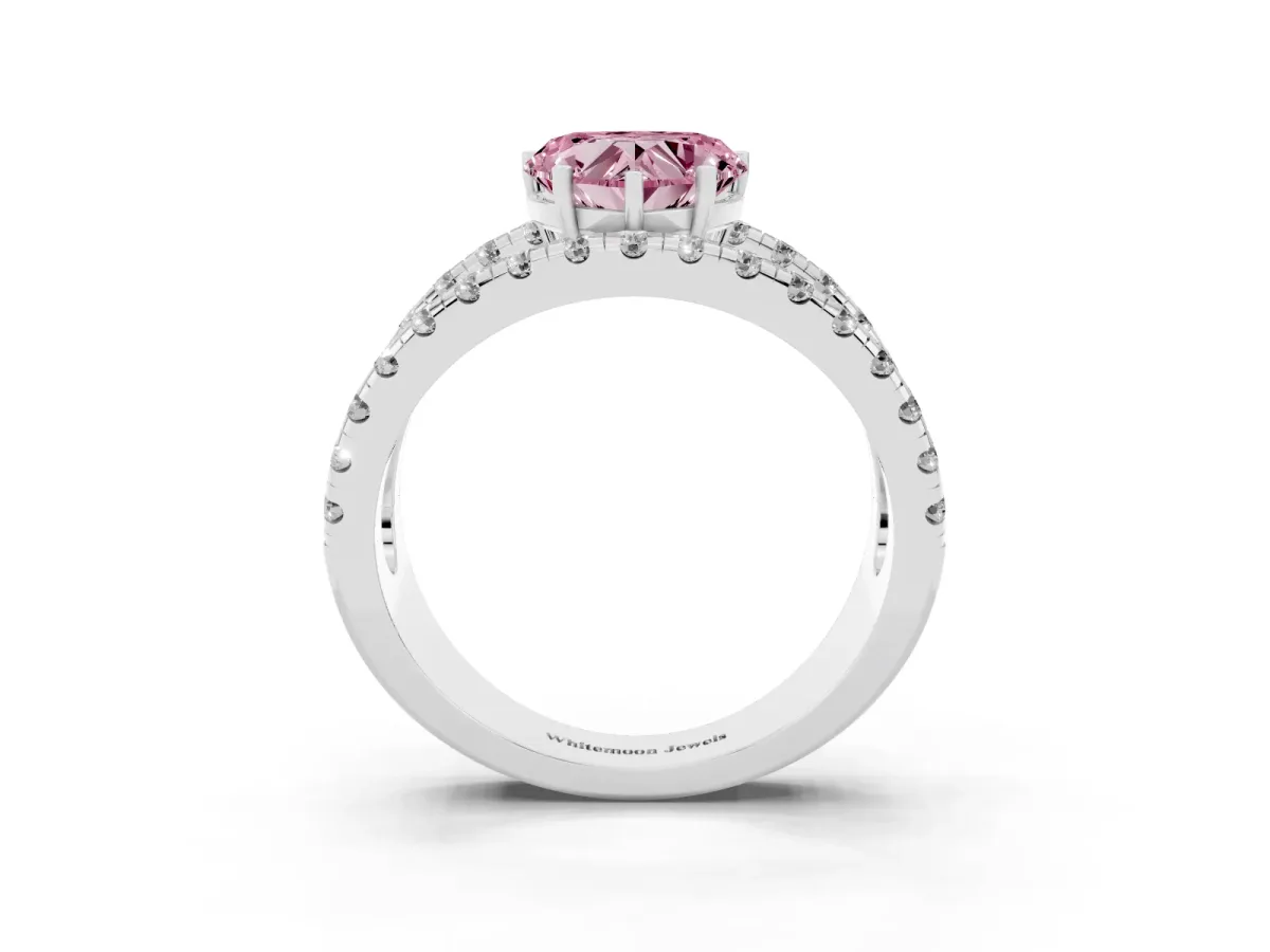Fancy Pink Heart Cut Solitaire Split Shank Pave Diamond Ring White gold
