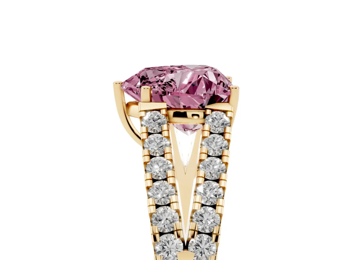 Fancy Pink Heart Cut Diamond Split Shank Engagement Ring with Round Pavé and Prong Setting Yellow gold