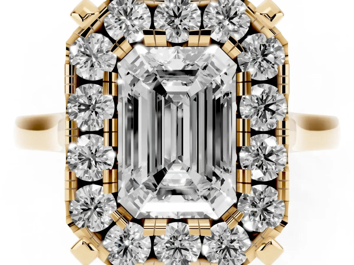 Emerald Cut Diamond Cluster Halo Solitaire with Four-Prong Setting Yellow gold