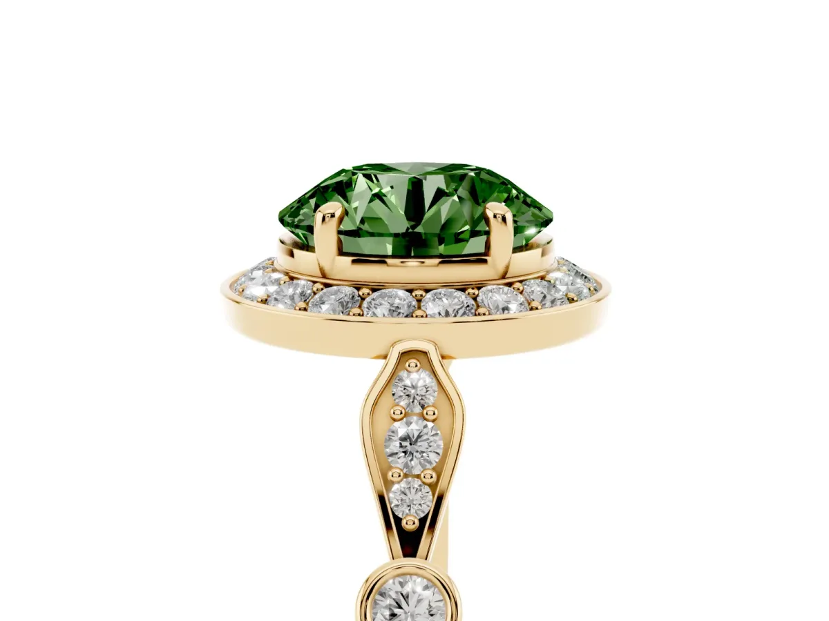 Fancy Green Round Cut Halo Diamond Engagement Ring with Twisted Band and Four-Prong Setting Yellow gold