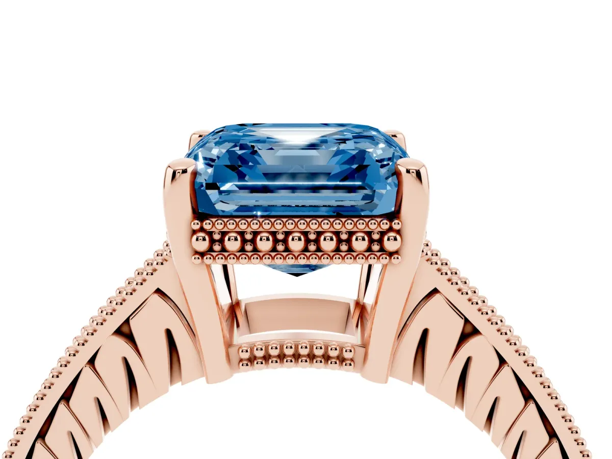 Fancy Blue Asscher Cut Solitaire Pavé Diamond Milgrain Engagement Ring with Four-Prong Setting Rose gold