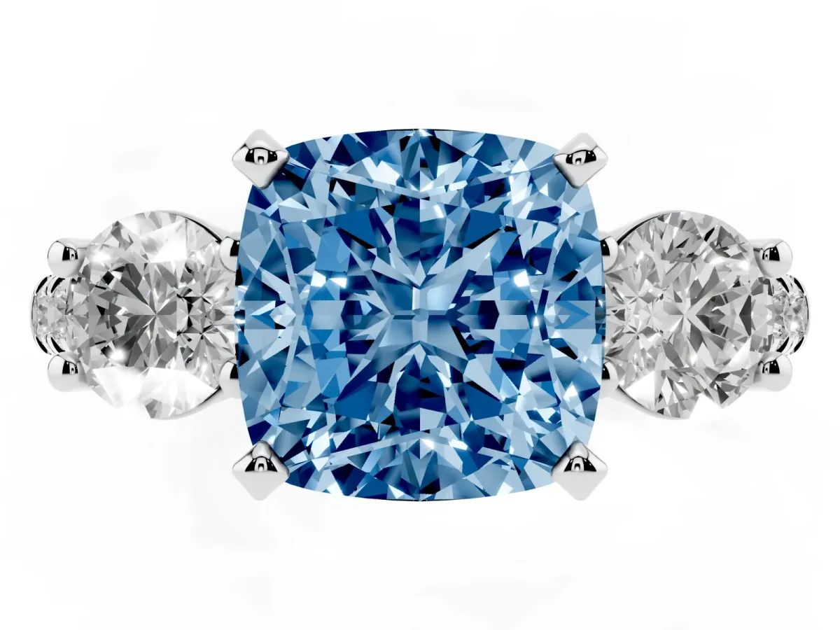 Fancy Blue Three-Stone Cushion Cut Diamond Pavé Band with Four-Prong Setting Silver