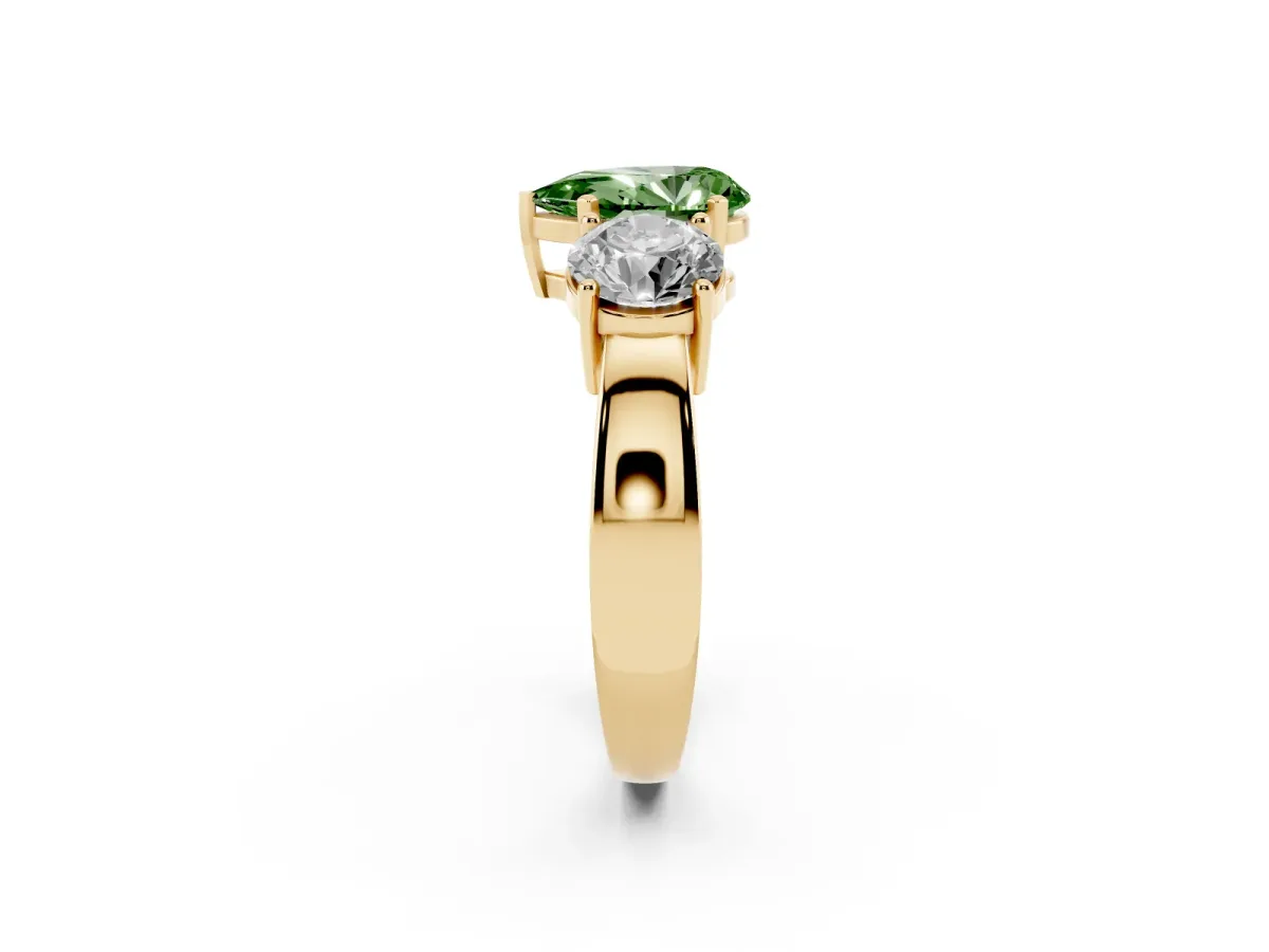 Fancy Green Three-Stone Pear Cut Diamond Ring with Round Side Stones, Classic Band, and Four-Prong Setting Yellow gold
