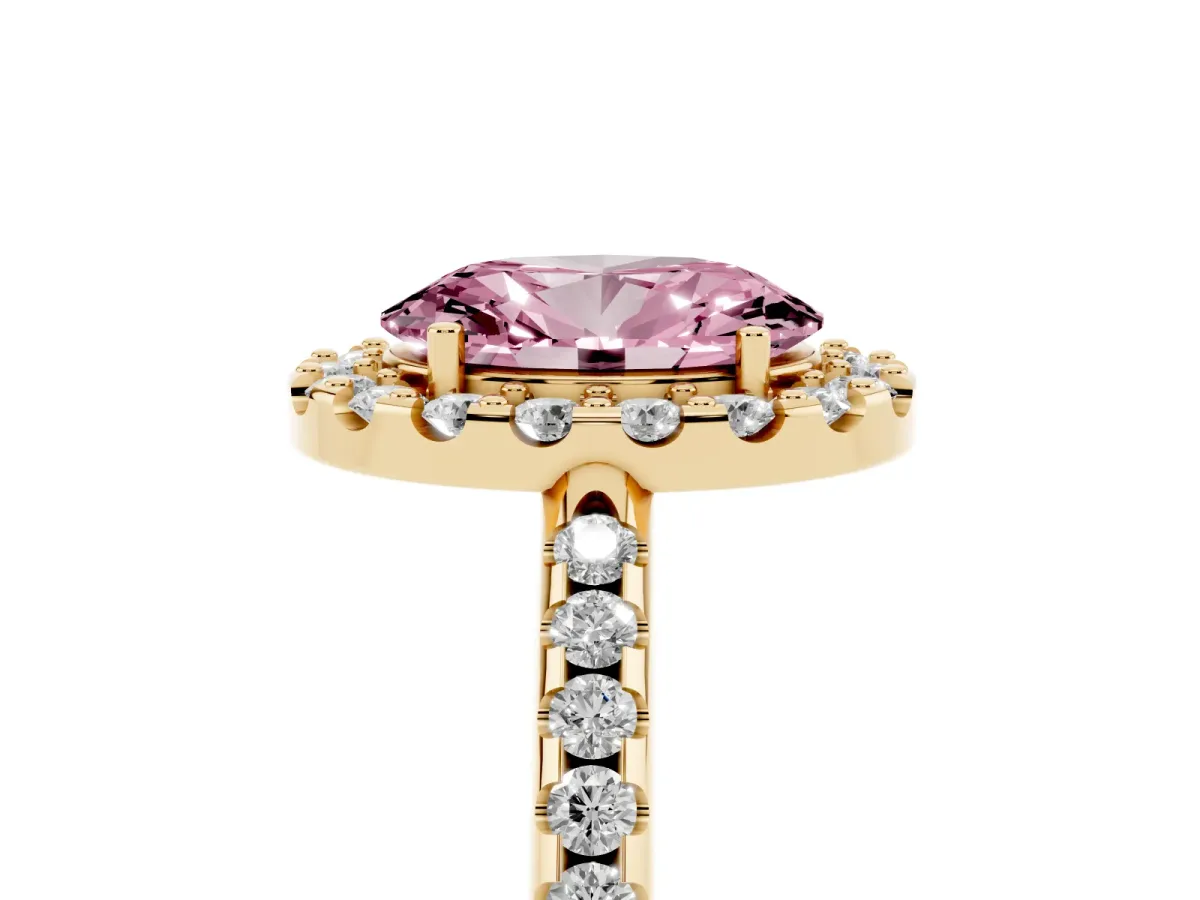 Fancy Pink Oval Cut Diamond Pavé Halo Ring with Four-Prong Setting Yellow gold