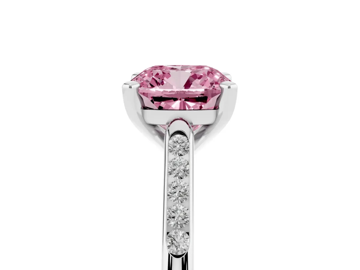 Fancy Pink Cushion Cut Diamond Solitaire Ring with Channel Set Round Band and Prong Setting Silver