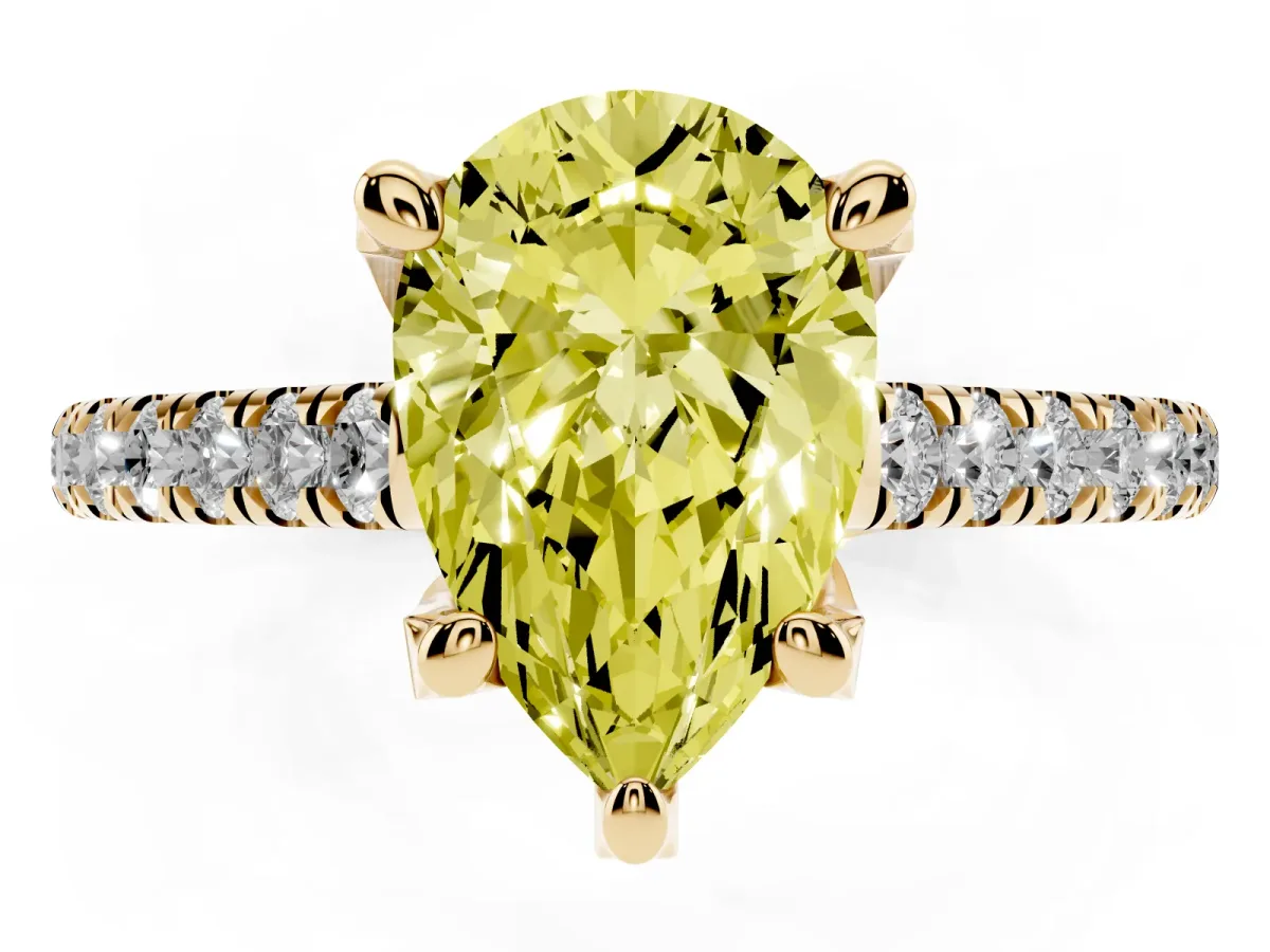Fancy Yellow Pear Cut Brilliant Diamond Solitaire with Pavé Band and Four-Prong Setting Yellow gold