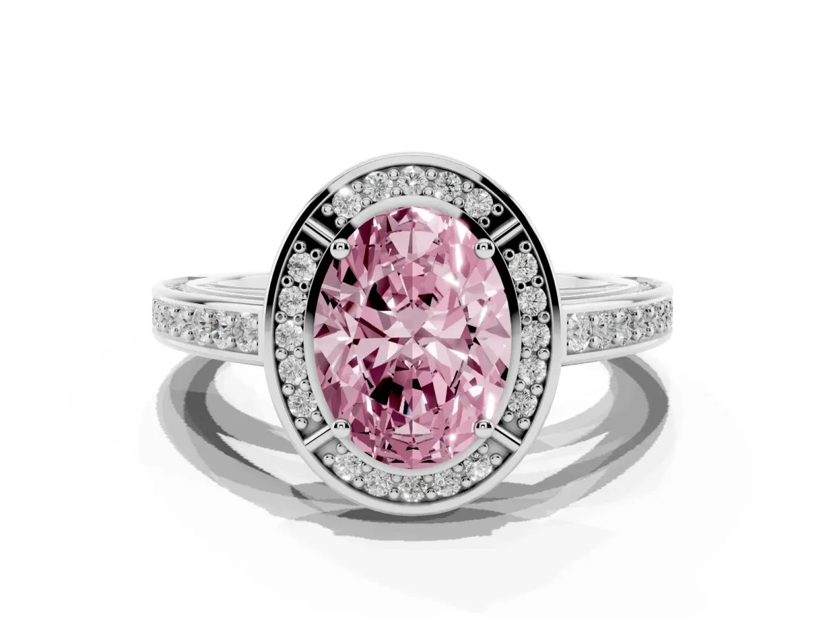 Fancy Pink Oval Cut Cut Halo Pave Split Shank Prong Setting Ring White gold
