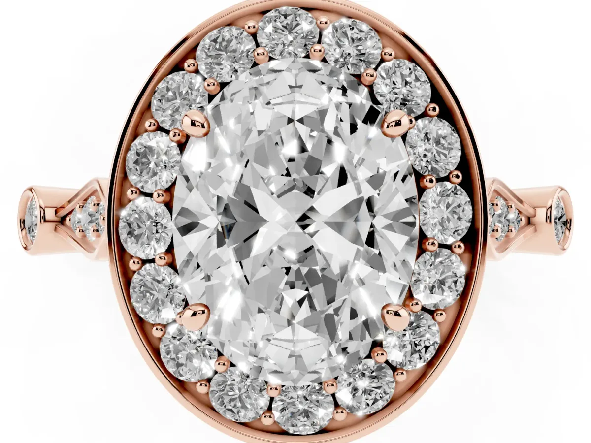 Oval Cut Halo Diamond Engagement Ring with Twisted Band and Four-Prong Setting Rose gold
