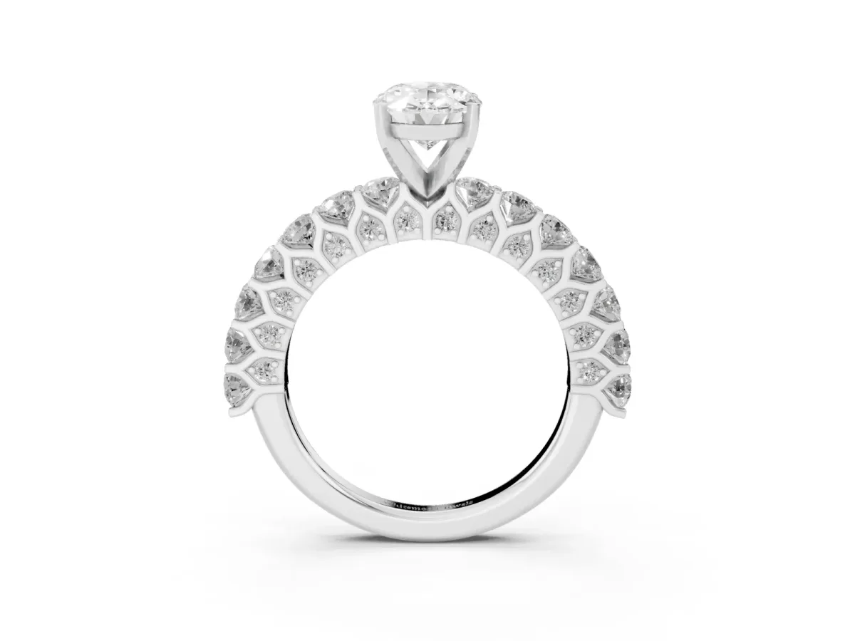 Oval Cut Diamond Solitaire Ring with Shared Prong Pavé Band and Four-Prong Setting Silver