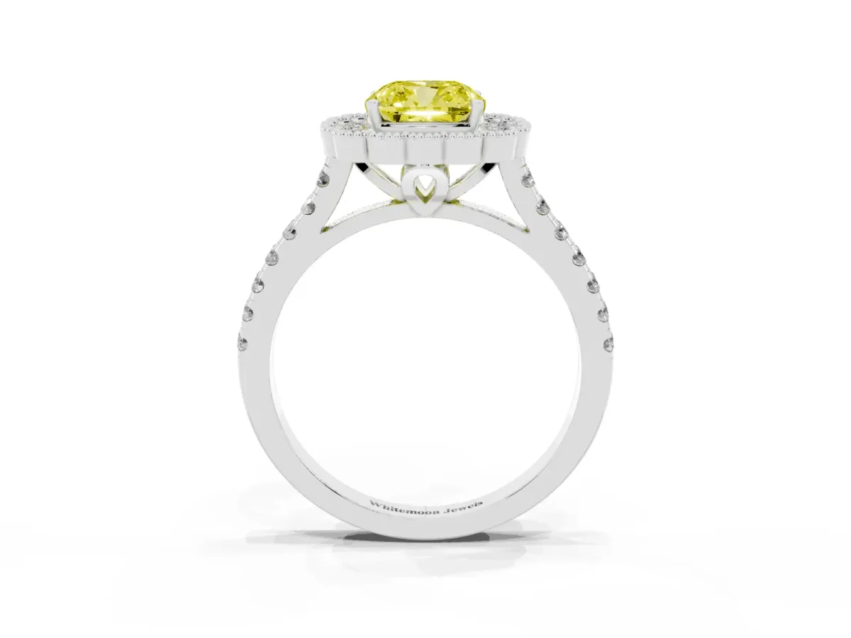 Fancy Yellow Cushion Cut Cut Diamond Milgrain Floral Halo Engagement Ring with Pavé Band White gold