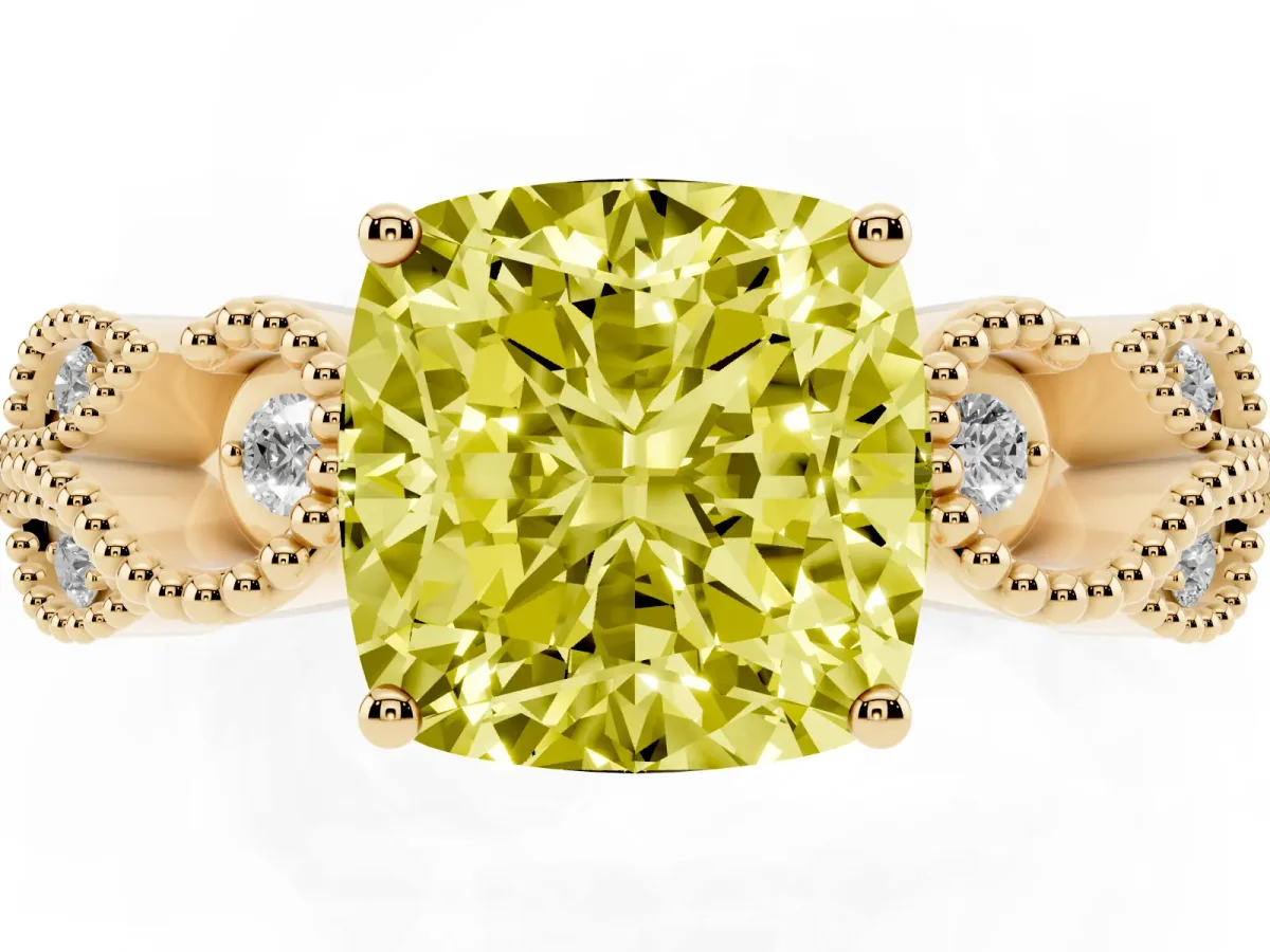 Fancy Yellow Cushion Cut Solitaire Milgrain Leaf Band with Prong Setting Yellow gold