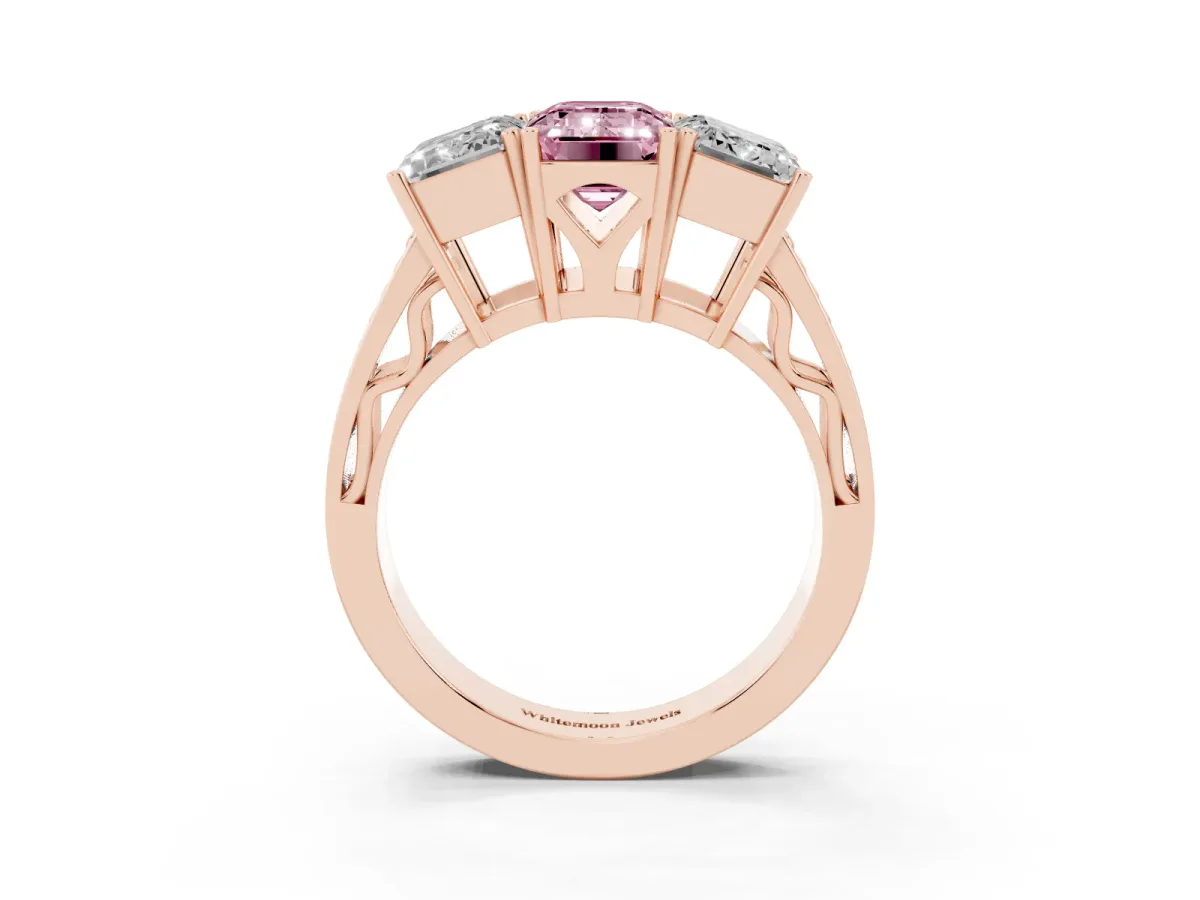 Fancy Pink Emerald Cut Diamond Three-Stone Ring with Prong Setting and Textured Band Rose gold