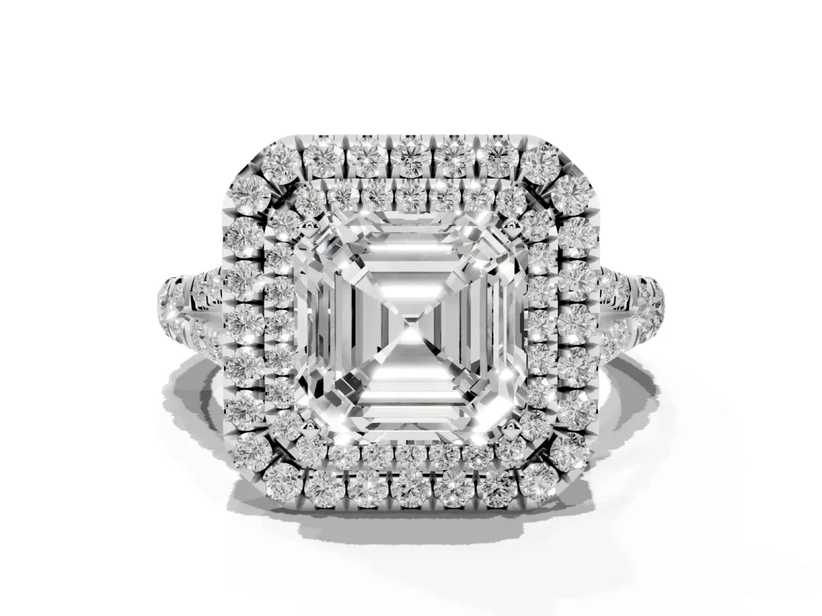 Asscher Cut Cut Double Halo Split Shank Diamond Ring with Prong Setting Silver
