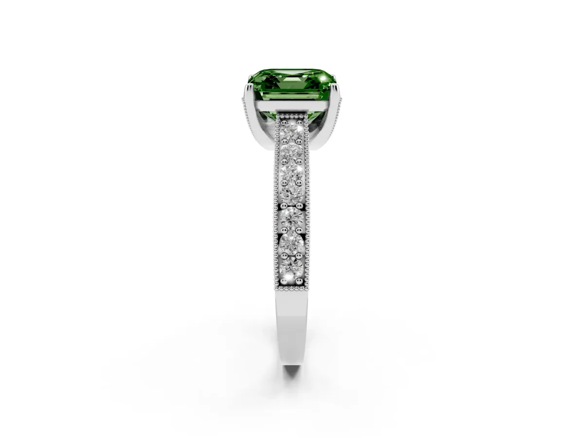 Fancy Green Asscher Cut Cut Diamond Solitaire Ring with Milgrain Pave Band and Four Prong Setting Silver