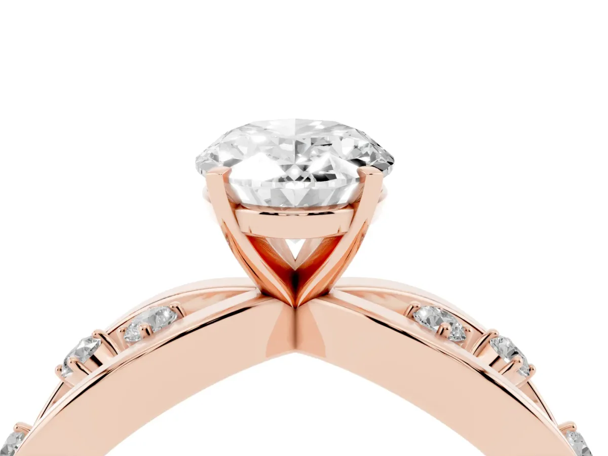 Oval Cut Cut Solitaire Diamond with Side Stones on Criss-Cross Band and Four-Prong Setting Rose gold