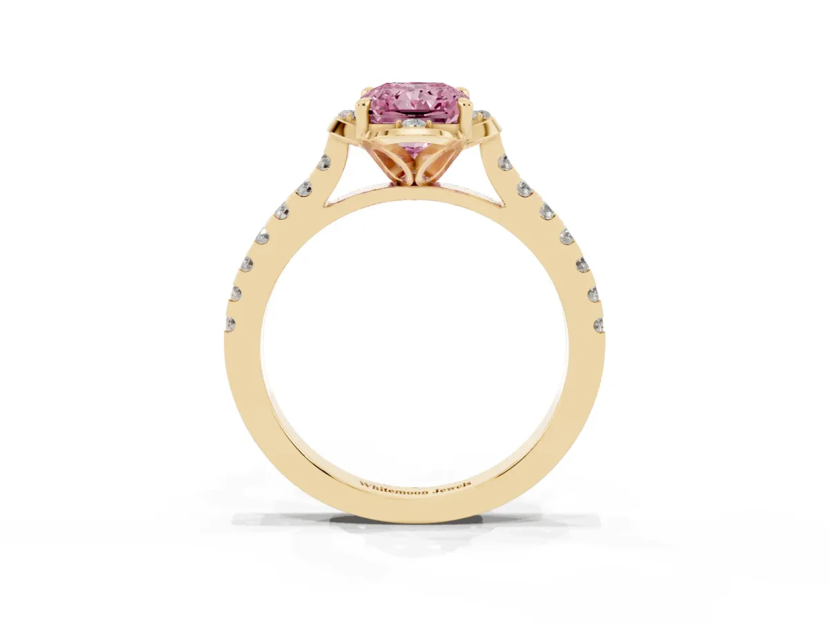 Fancy Pink Radiant Cut Diamond Ring with Pavé Band and Floral Prong Setting Yellow gold