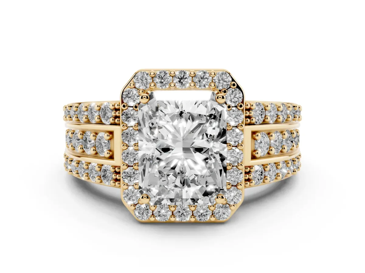 Radiant Cut Halo Diamond Ring with Round Split Shank and Prong Setting Yellow gold