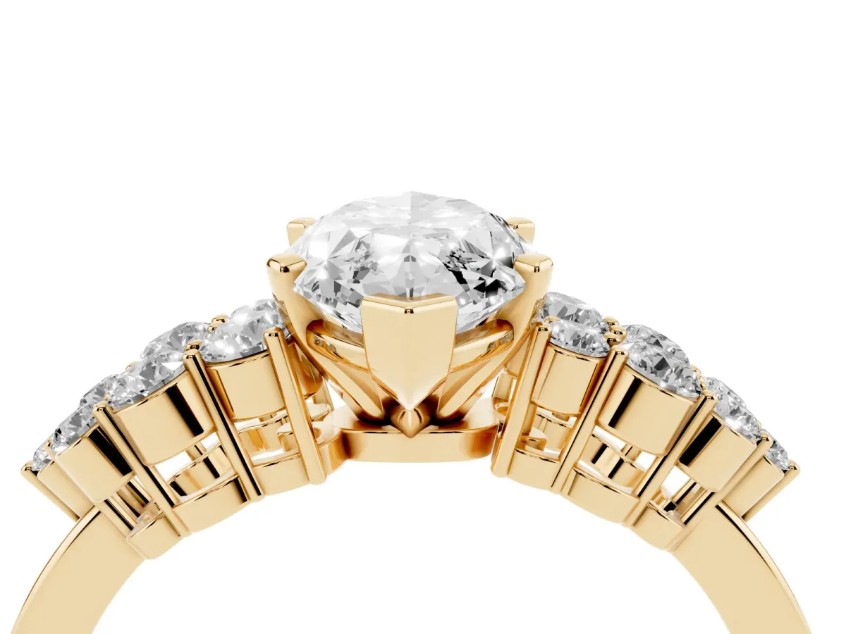 Marquise Cut Cluster Diamond Engagement Ring with Pavé Band and Four-Prong Setting Yellow gold