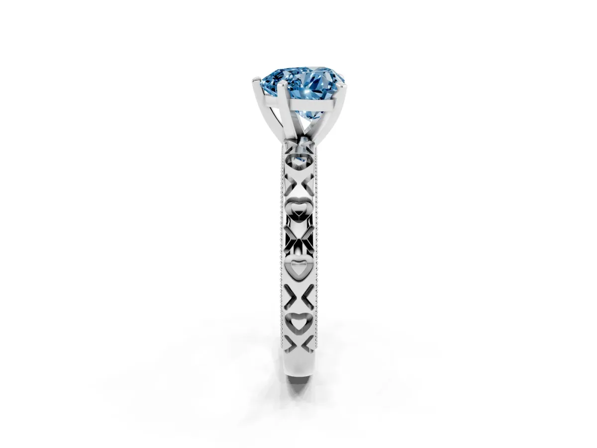 Fancy Blue Heart Cut Solitaire Diamond Engagement Ring with XO Engraved Band and Four-Prong Setting Silver
