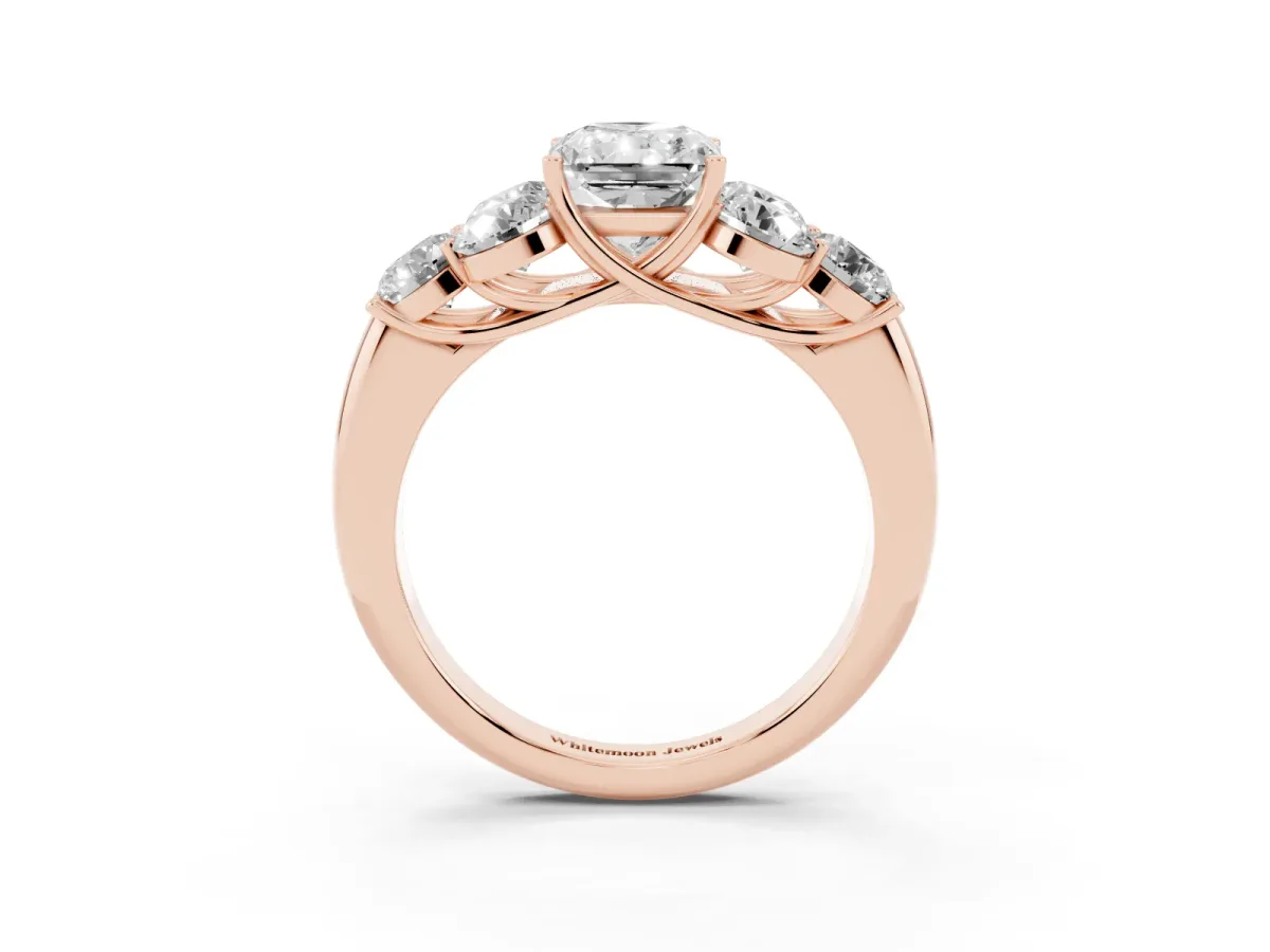 Radiant Cut Cut Diamond Cluster Ring with Round Accent Stones and Prong Setting on a Classic Band Rose gold