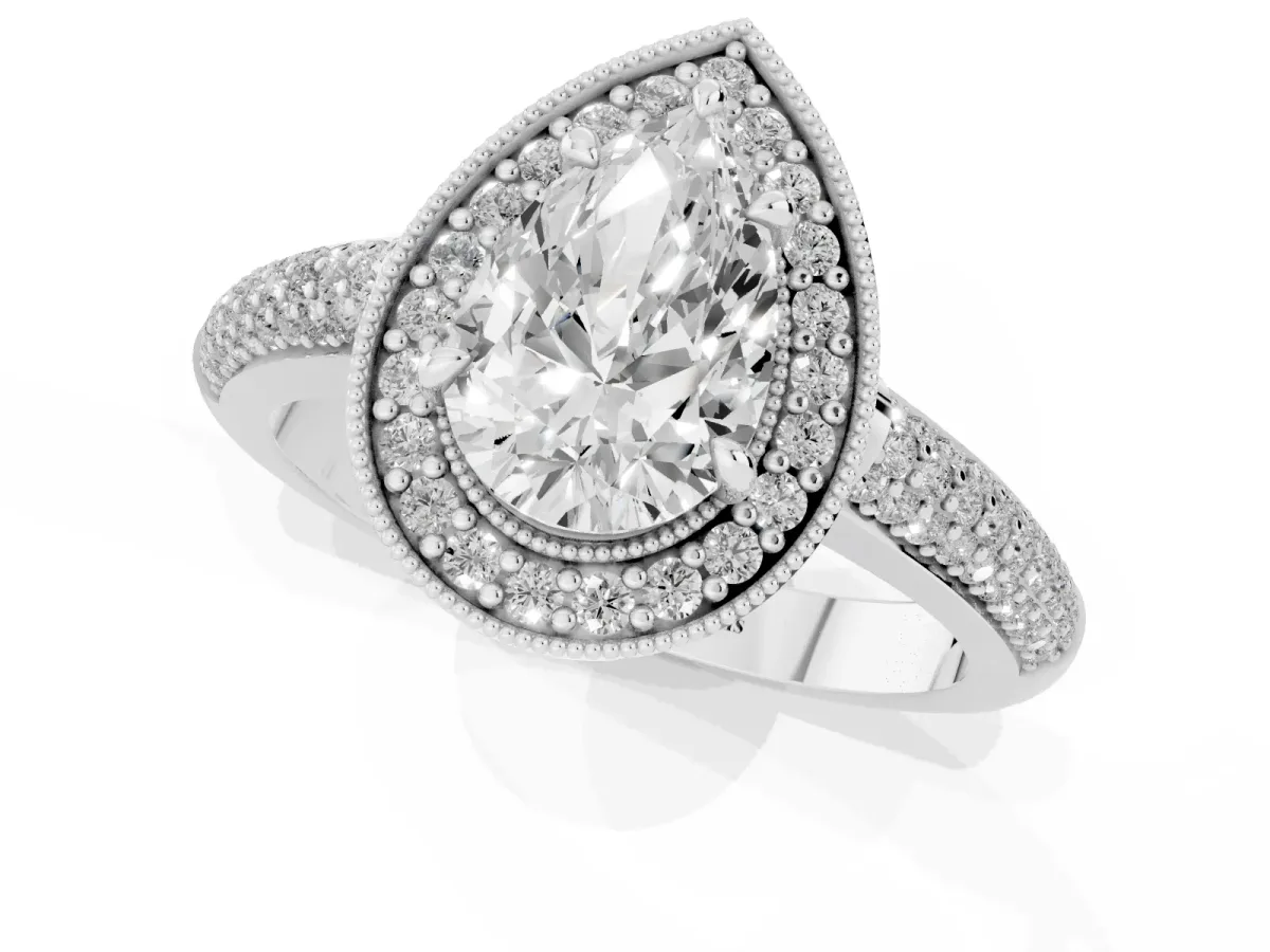 Pear Cut Cut Halo Diamond Pave Band with Four-Prong Setting Silver