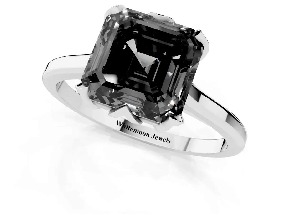 Fancy Black Asscher Cut Diamond Solitaire Ring with Flower Prong Setting and Classic Band Silver