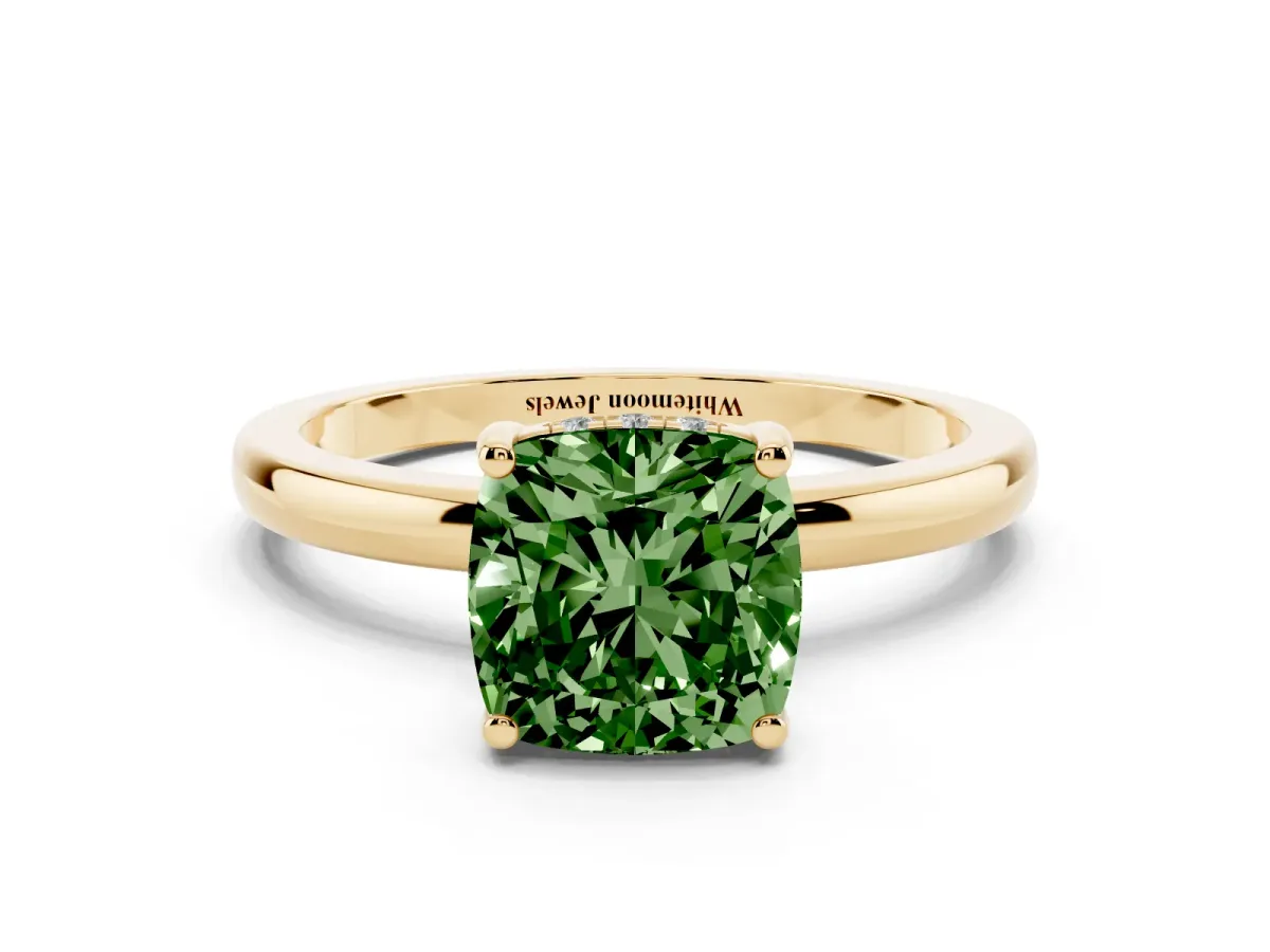 Fancy Green Cushion Cut Solitaire Diamond Ring with Prong Setting and Plain Band Yellow gold