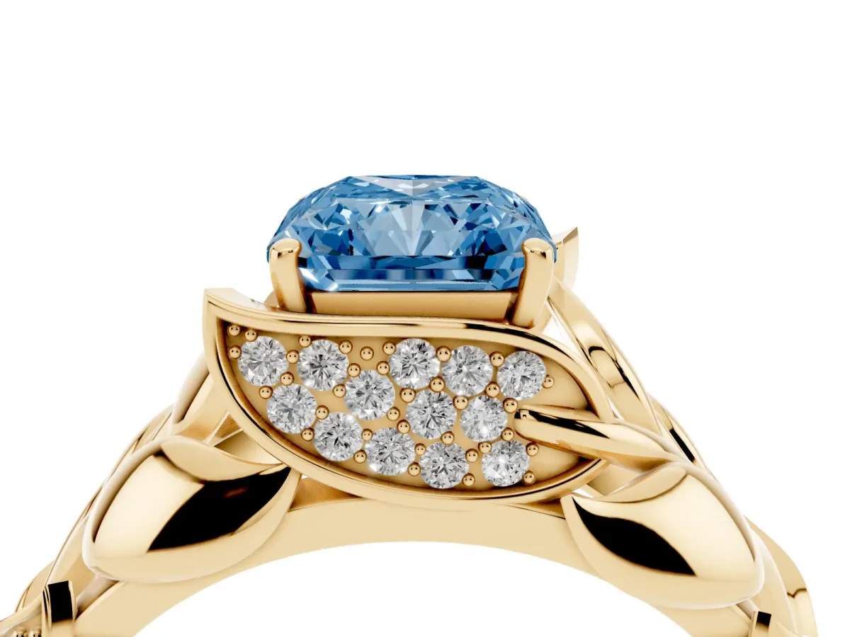 Fancy Blue Radiant Cut Diamond Leaf-Inspired Engagement Ring with Round Accents and Prong Setting Yellow gold