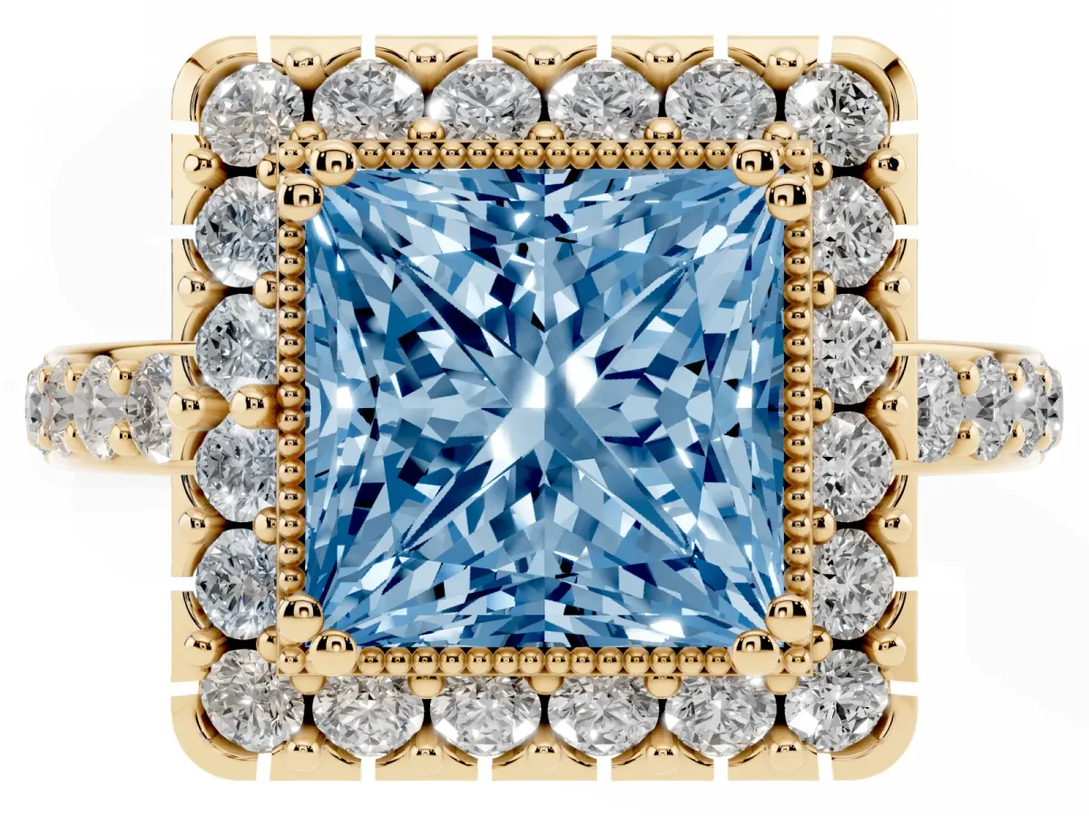 Fancy Blue Princess Cut Diamond Halo Ring with Pavé Band and Prong Setting Yellow gold